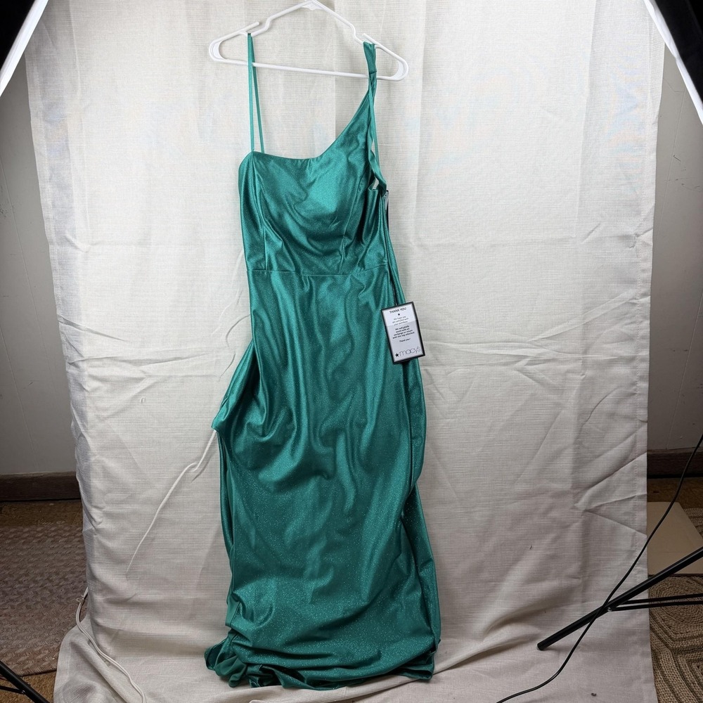 City Studio Dress Juniors 17 Green One Shoulder Satin Maxi Side Slit Gown Y2K
